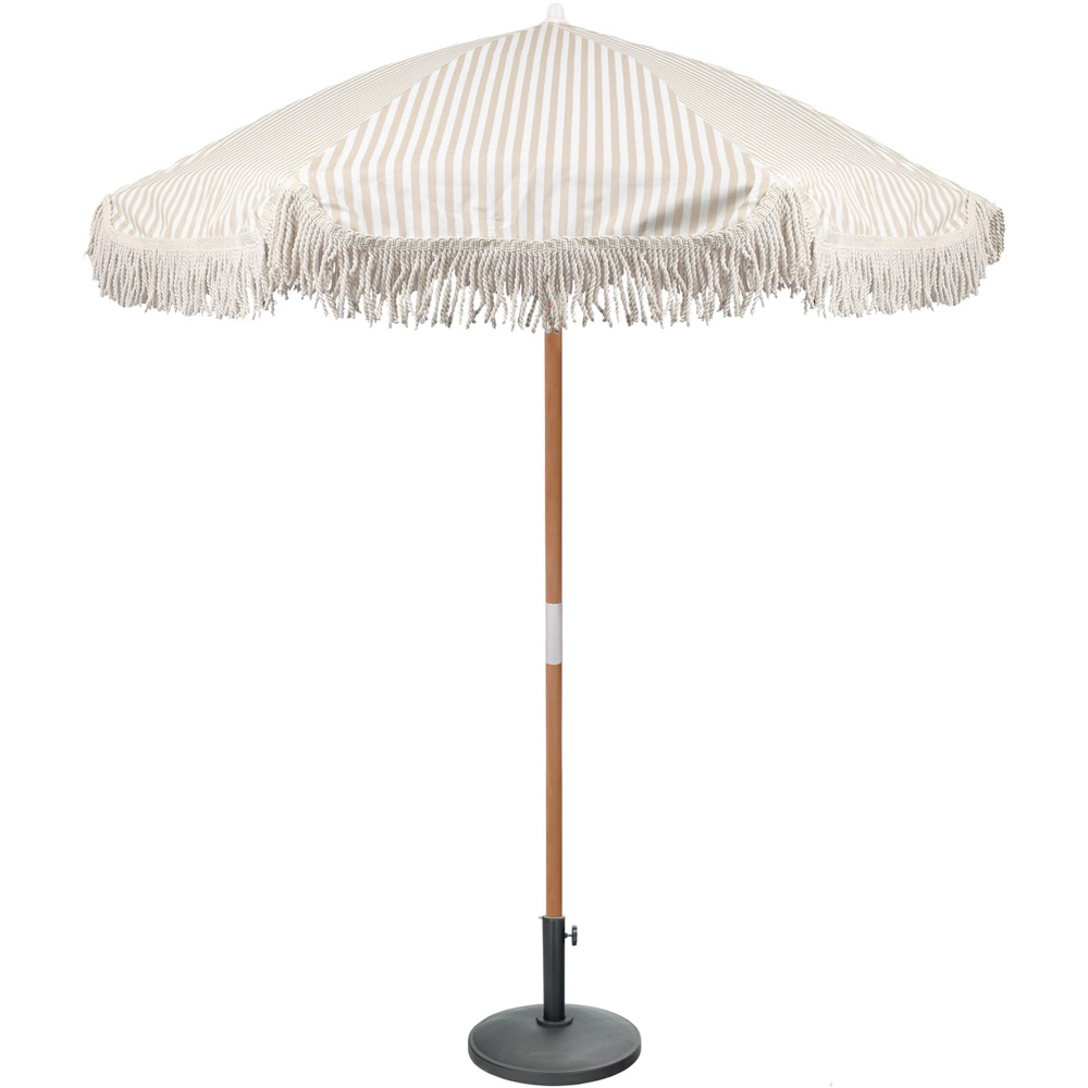 Harbour Housewares Beige Stripe Tassel Fringed Wooden Garden Parasol and Base Set 1.4m Image 1