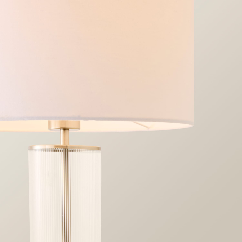 ValueLights Calin White Drum Shade Brushed Chrome Ribbed Glass Table Lamp with Bulb Image 4