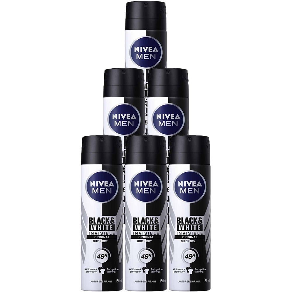 Nivea Men Black and White Original Anti Perspirant Deodorant Spray Case of 6 x 150ml Image 1