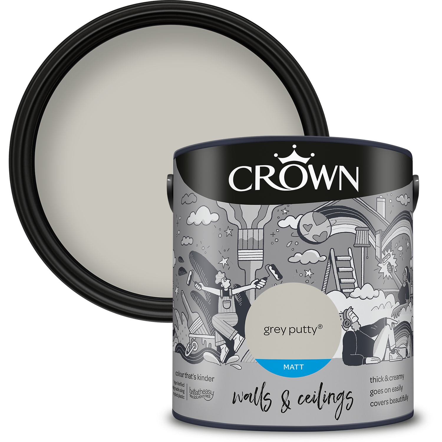 Crown Wall and Ceilings Grey Putty Matt Emulsion 2.5L Image 1