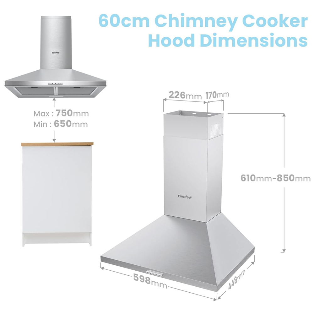 Comfee Silver 60cm 3 Speed Wall Mounted Cooker Hood with LED and Carbon Charcoal Filter Image 8