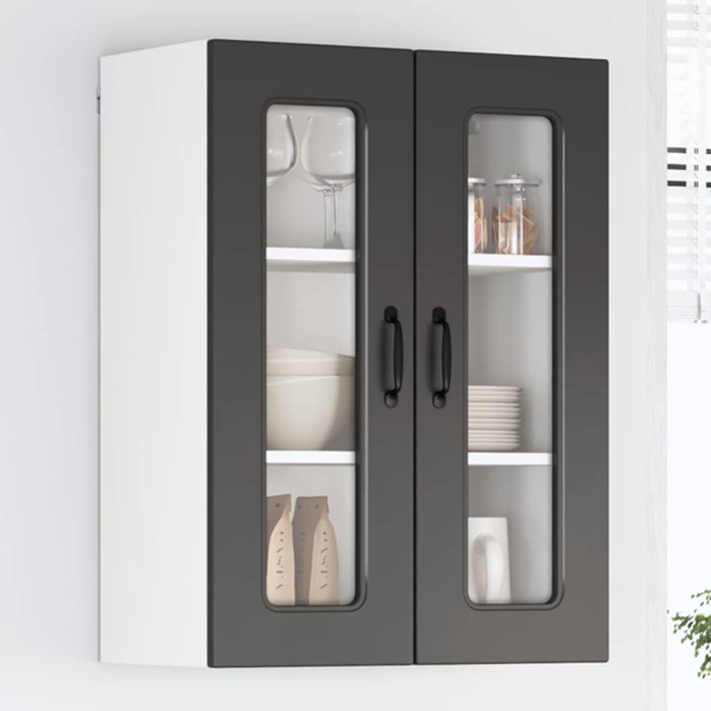 vidaXL 2 Glass Door Black Kitchen Wall Cabinet Image 1