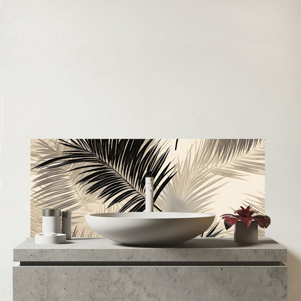 Warren Reed Designer Black and White Tropical Palm Leaves Glass Bathroom Splashback 25 x 60cm Image 1