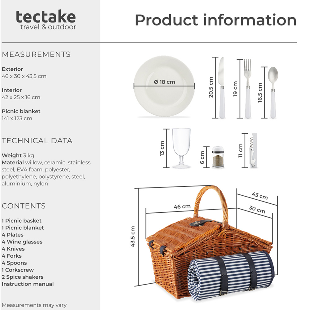 tectake Usedom 4 Person Picnic Basket with Cooler Compartment and Accessories Image 8