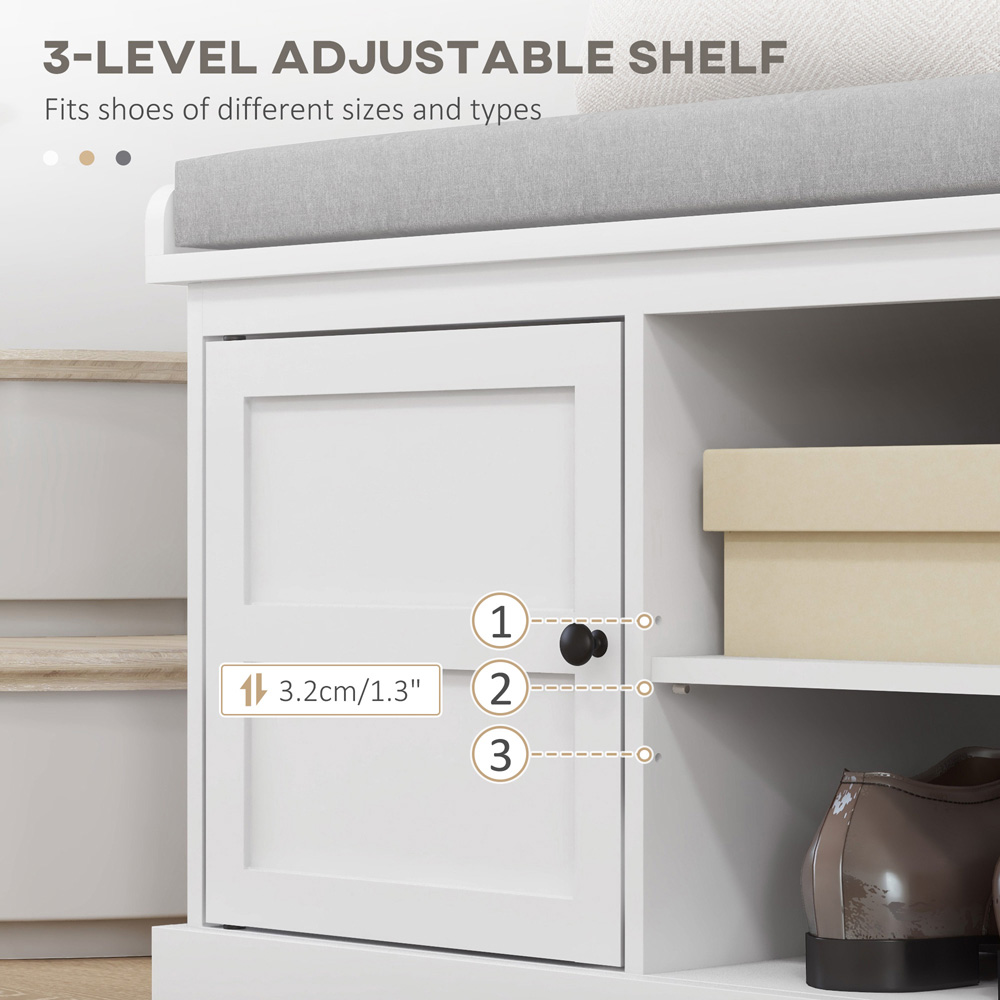Portland 2 Door 2 Shelf White Shoe Storage Bench with Cushion Image 6