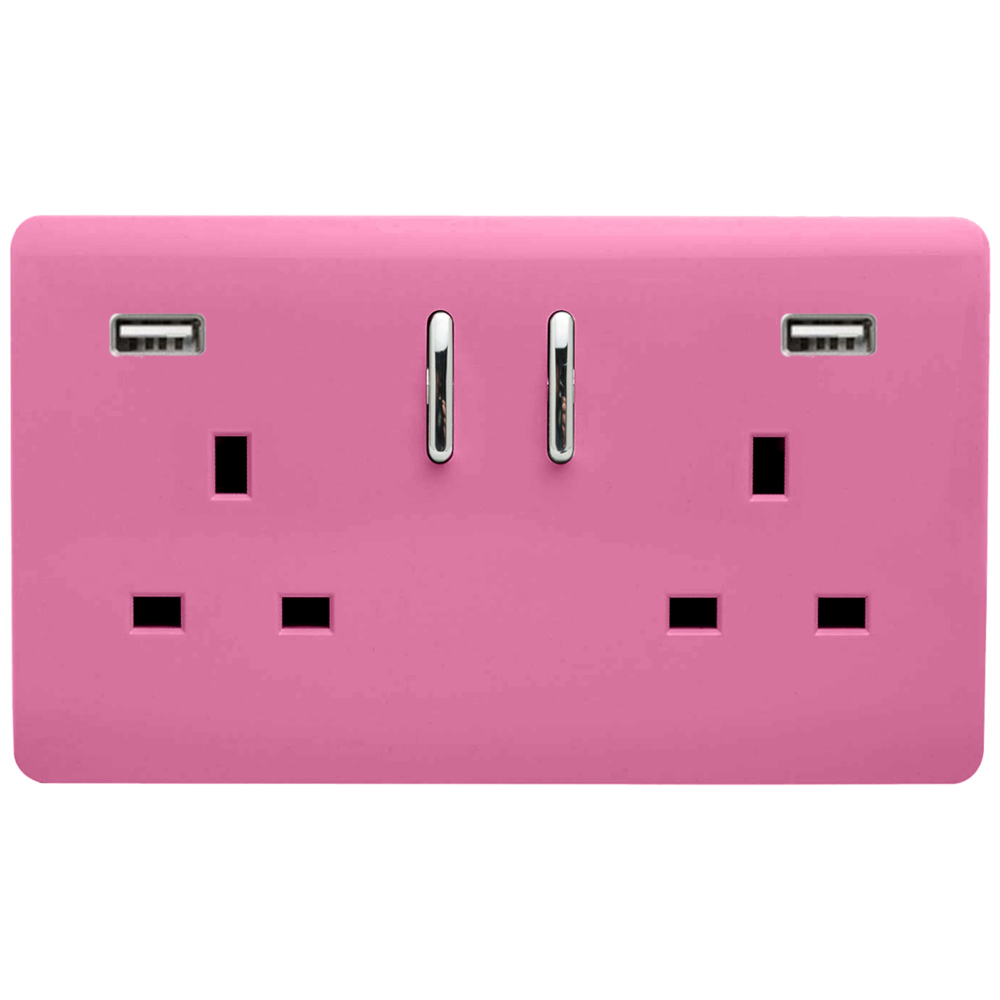 Trendi Switch 2 Gang 13amp 2 Port USB Pink Switched Plug Socket Image 1