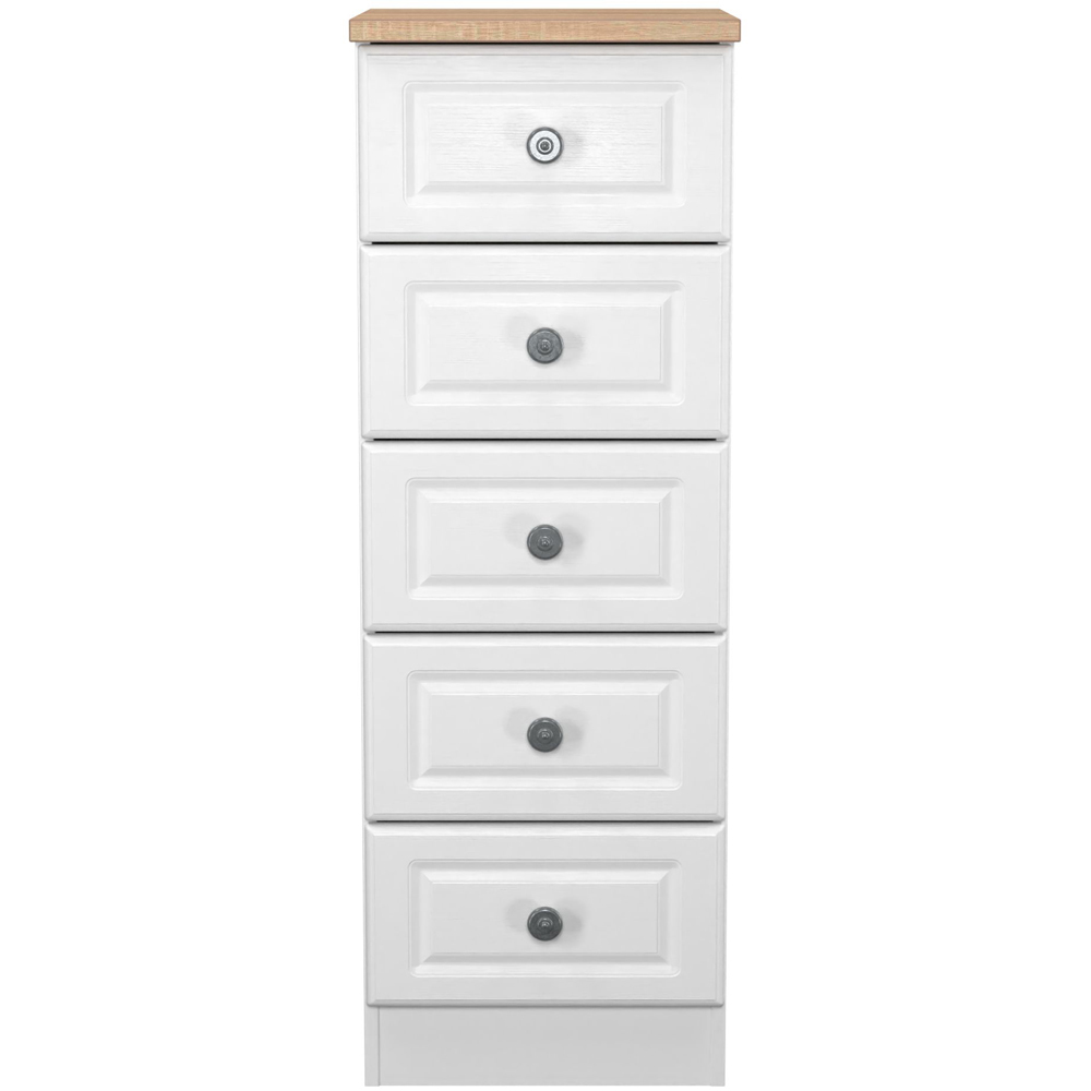 Crowndale Norfolk 5 Drawer White Ash and Bardolino Oak Tall Bedside Cabinet Ready Assembled Image 2