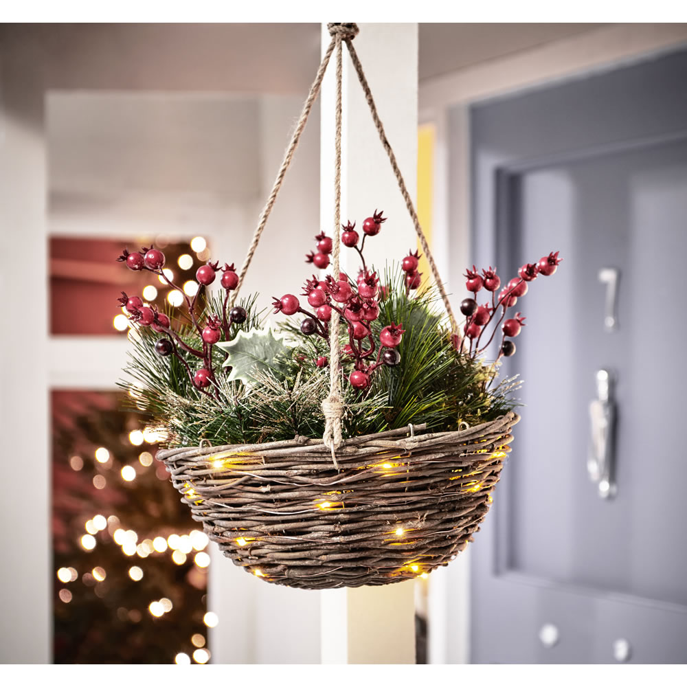 Wilko Filled Hanging Basket Christmas Decoration  with Copper Wire and Lights Image 2
