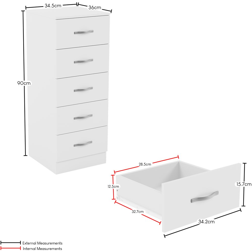 VIDA DESIGNS Riano 5 Drawer White Narrow Chest of Drawers Image 9