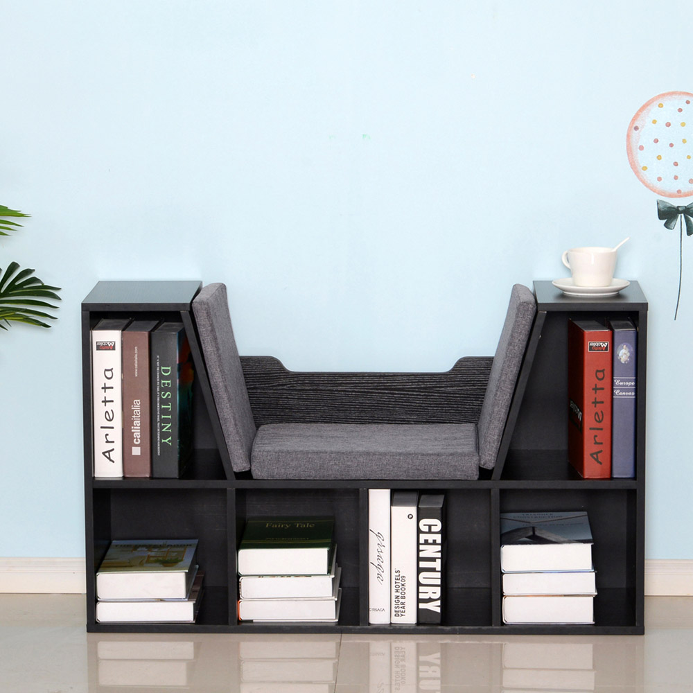 HOMCOM 6 Shelf Black Bookcase with Cushioned Reading Seat Image 6