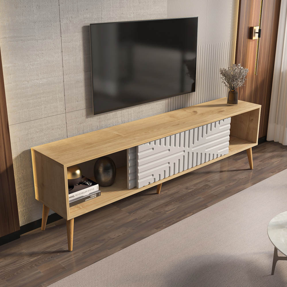 Decorotika Riso 2 Sliding Door Sapphire Oak and White TV Unit Image 3