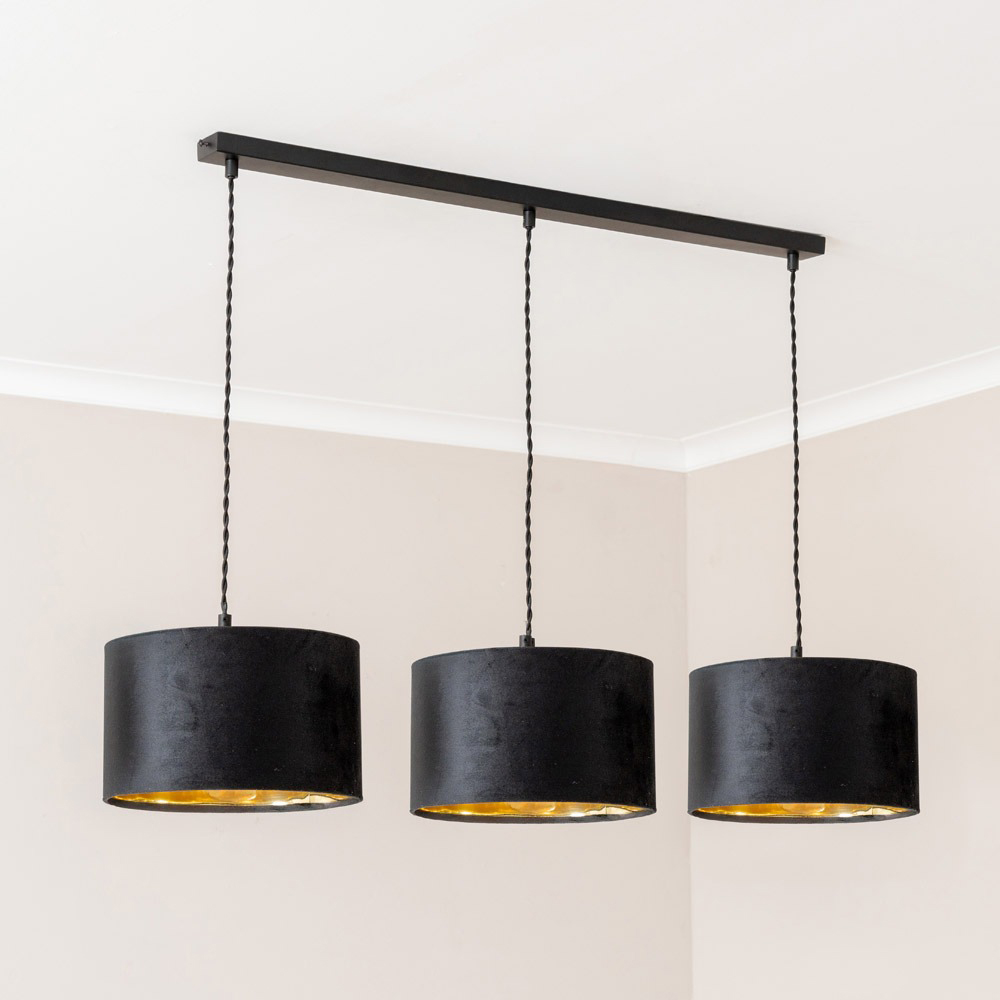 ValueLights Reni Black Velvet and Gold Shade 3 Drop Bar Black Diner LED Ceiling Light Image 3