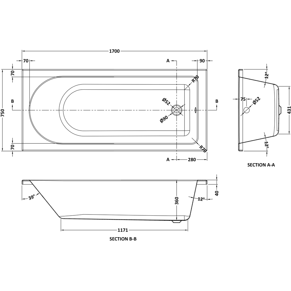 nuie Barmby White Eternalite Round Single Ended Bath 1700 x 750mm Image 3