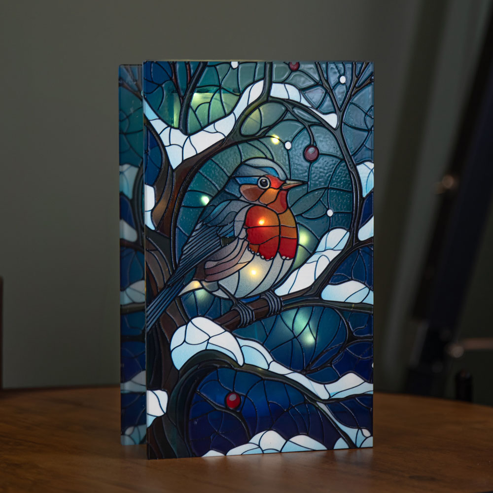 Samuel Alexander 50 Warm White LED Robin Scene Light Up Stained Glass Decoration 21cm Image 2