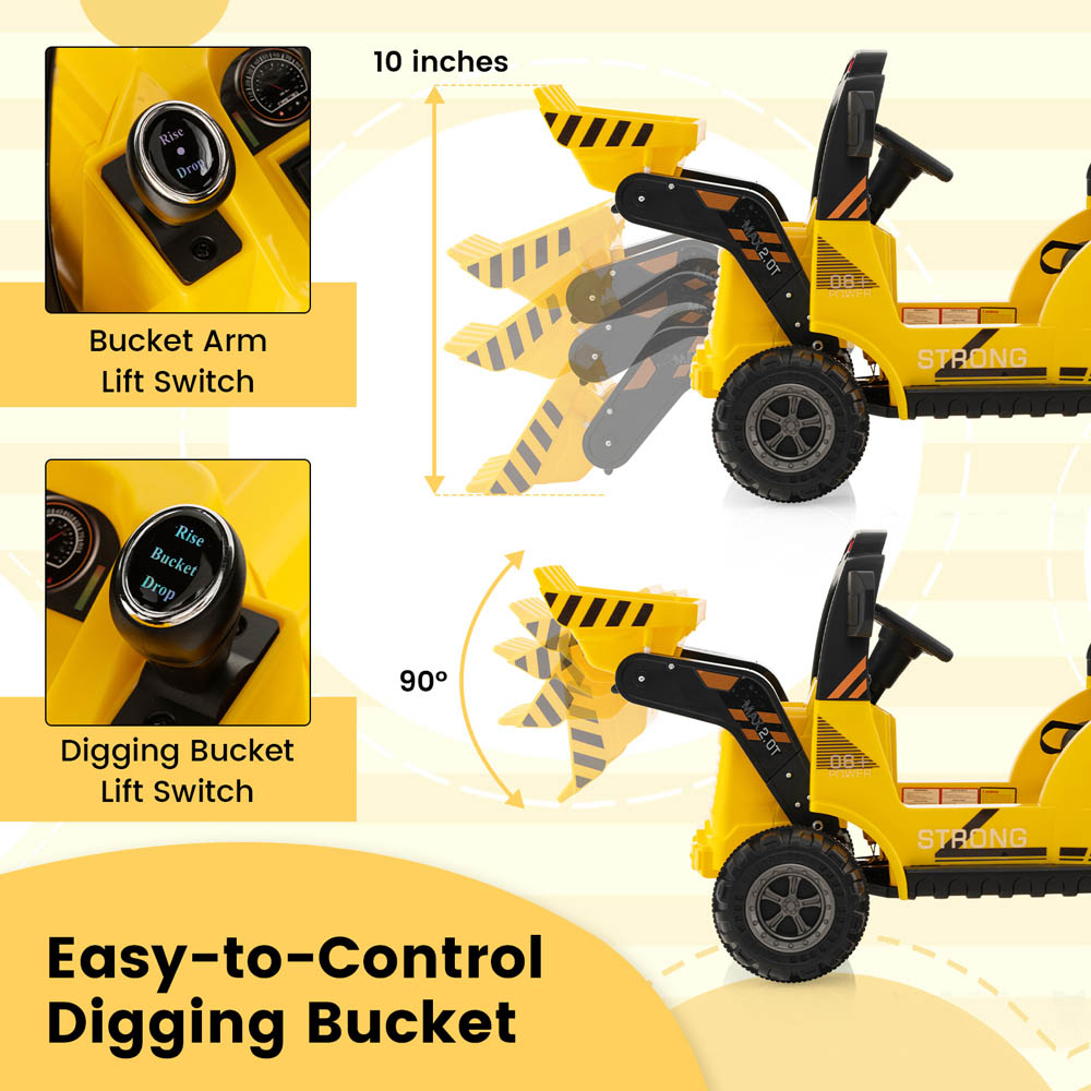 Costway Kids Yellow Ride On Construction Tractor with Electric Bucket and Music 12V Image 6