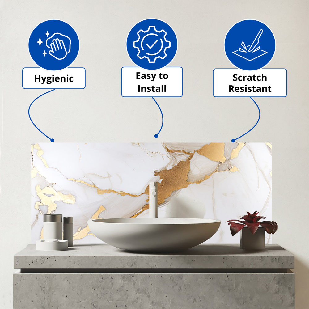 Warren Reed Designer White Marble With Gold Glass Bathroom Splashback 25 x 60cm Image 3