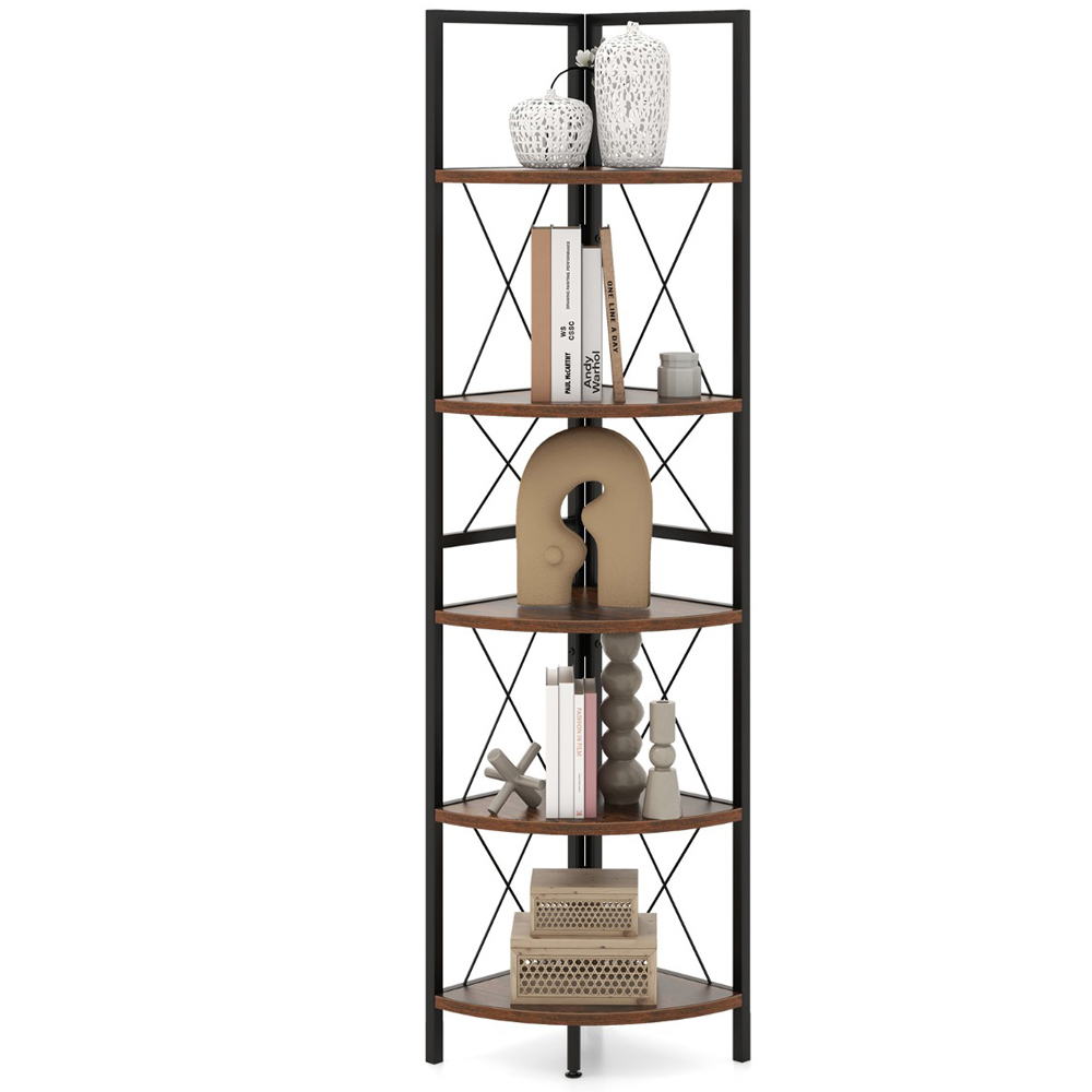 Costway 5 Tier Rustic Brown Metal Corner Bookshelf Image 3