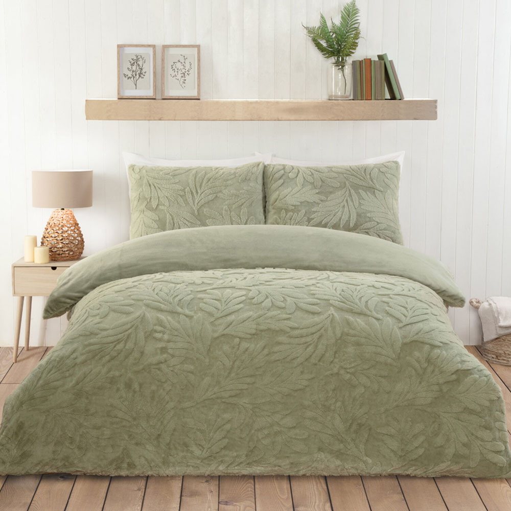 Embossed Leaves Faux Fur Duvet Set Sage Single Image 4