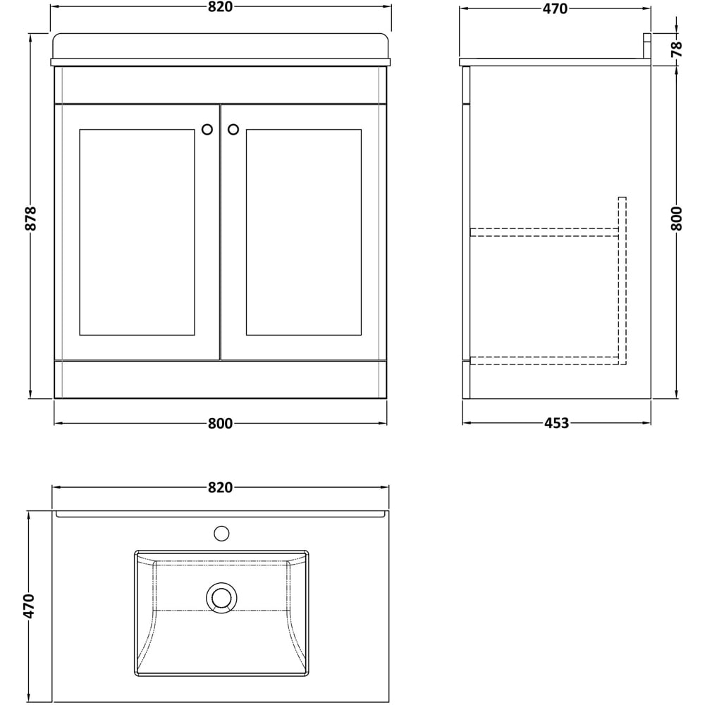 nuie Classique 2 Door Satin Grey Floor Standing Unit and 1 Tap Hole Marble Top Square Basin 800mm Image 3