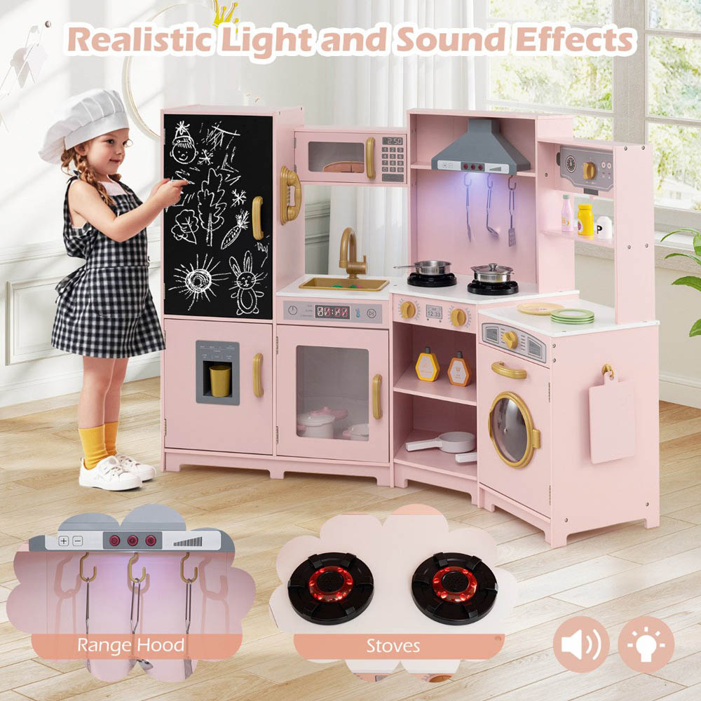 Costway Kids Pink Wooden Corner Kitchen Playset with Lights and Sounds Image 3