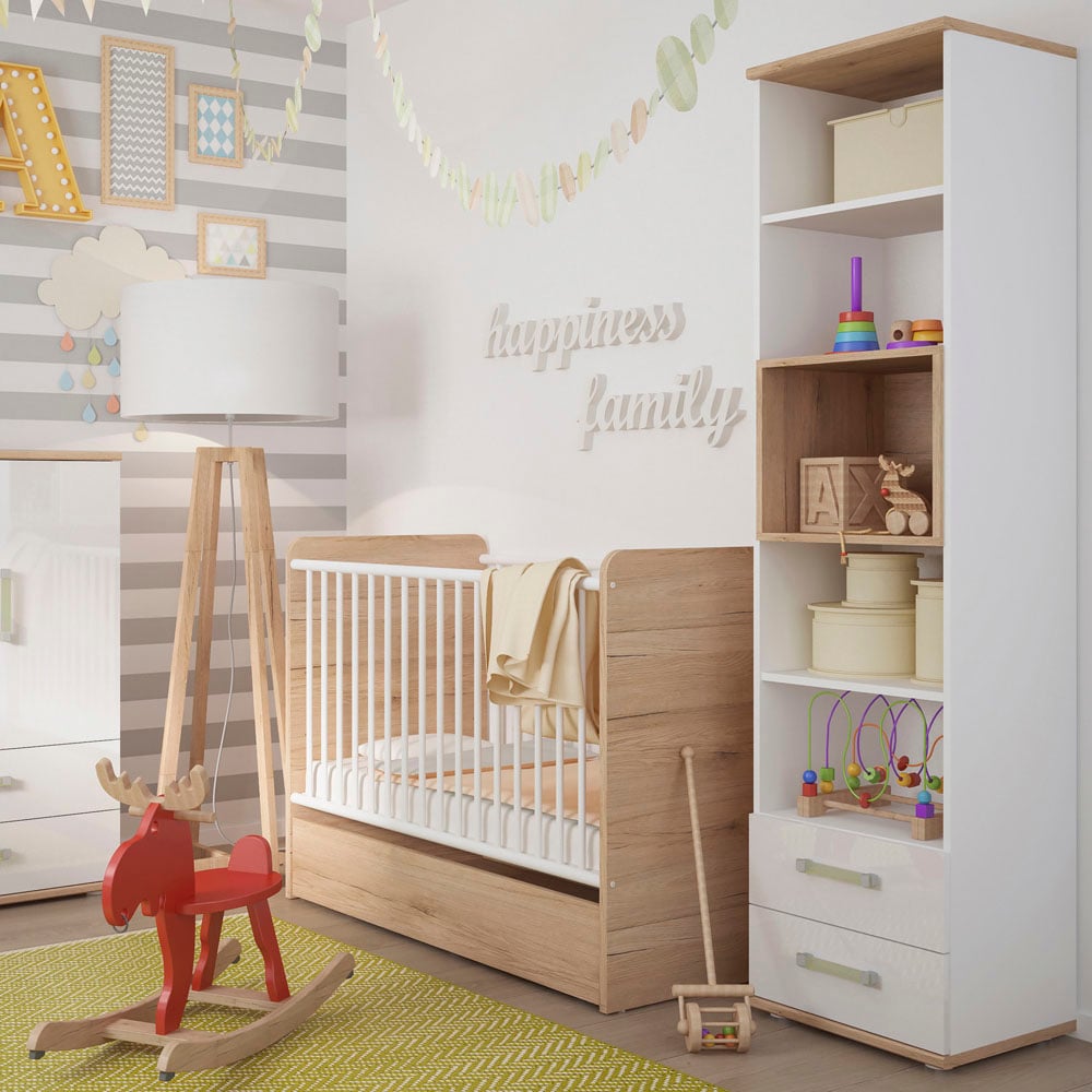 Florence 4Kids 2 Drawer 5 Shelf Oak and White Tall Bookcase with Lemon Handle Image 6