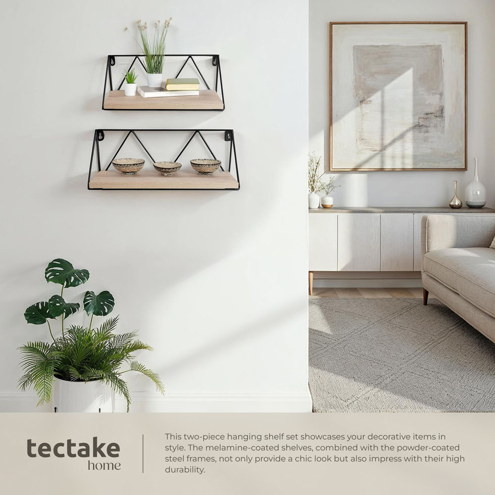 tectake Oak Wall Shelf with Decorative Metal Bracket Set of 2 Image 4
