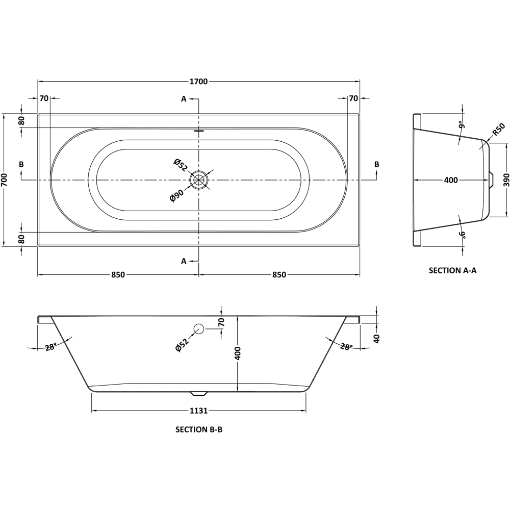 nuie Eternalite Round Double Ended Bath and Leg Set 1700 x 700mm Image 2