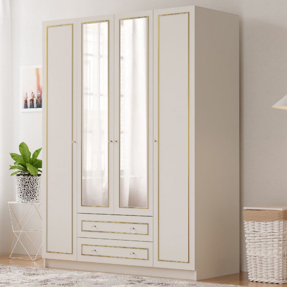 Evu MARIE 4 Door 2 Drawer Gold and White XL Mirrored Wardrobe Image 1