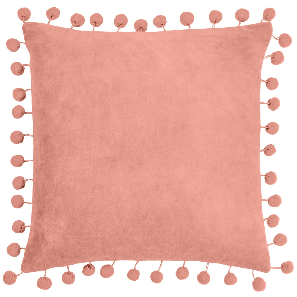 furn. Dora Square Pale Pink Velvet Pom Pom Cushion Image 1