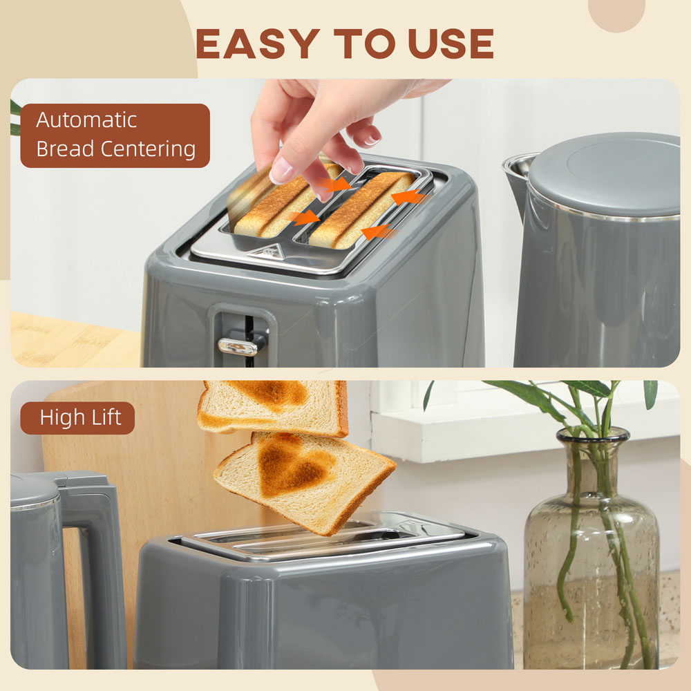 HOMCOM 800-211V70GY Grey 1.5L Fast Boil Electric Kettle 3000W and 2 Slice Toaster Set Image 4