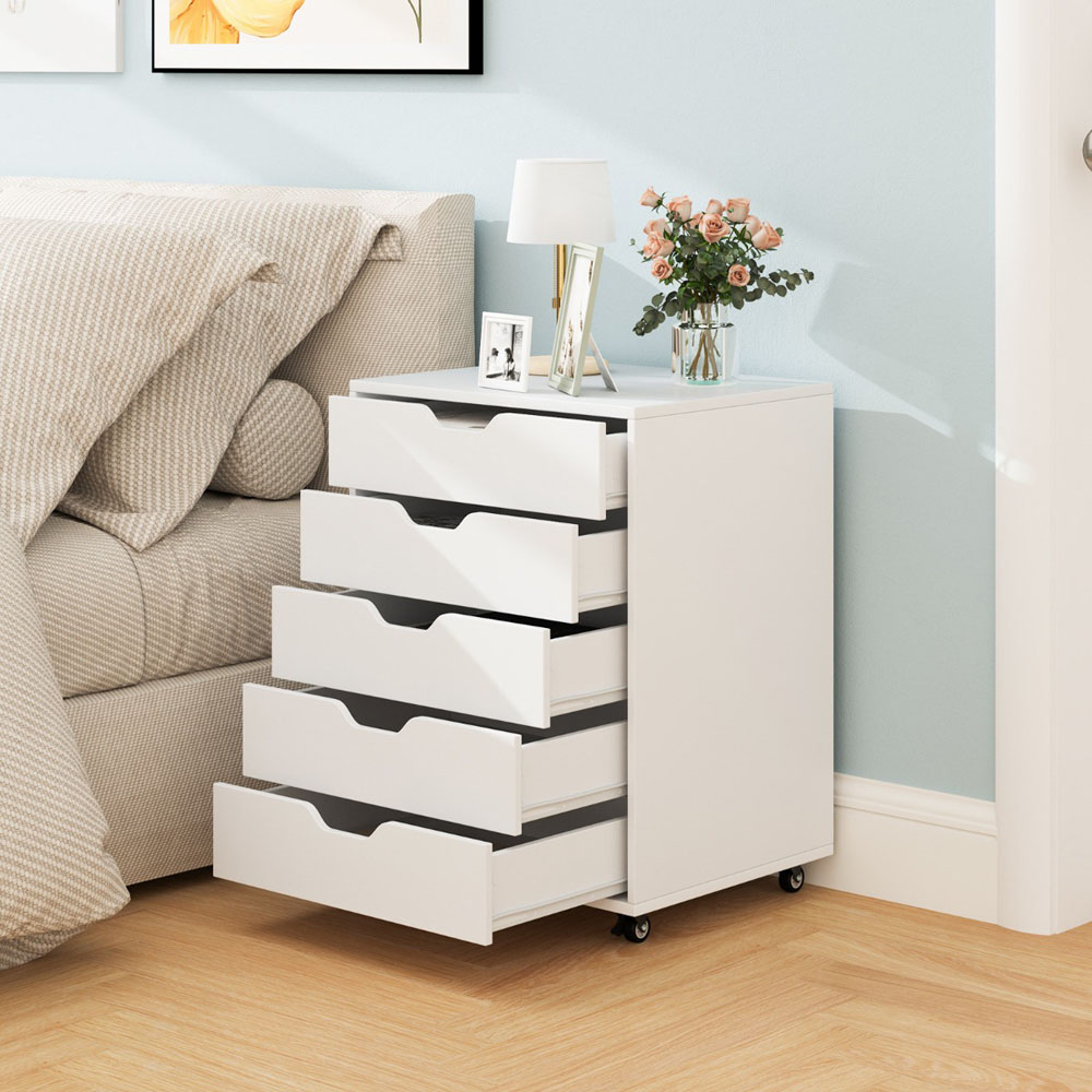 Costway 5 Drawer White Chest of Drawers with Lockable Wheels Image 5