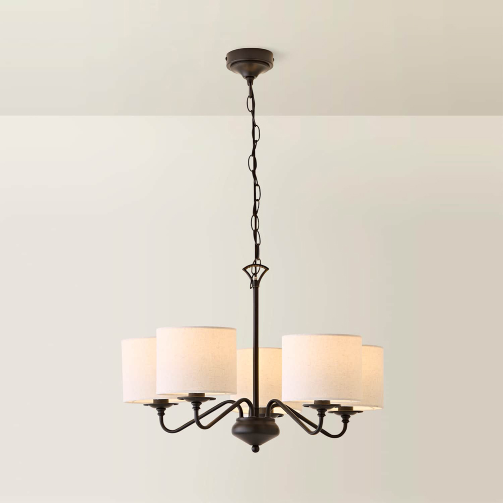 ValueLights Carmit 5 Arm Linen Shade Black Chandelier Ceiling Light with Bulb Image 3