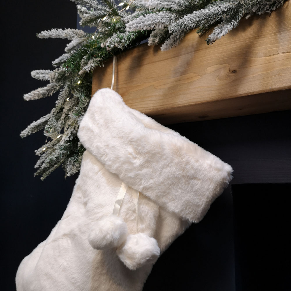 Samuel Alexander Winter White Faux Fur Hanging Christmas Stocking with Pom Poms 50cm Image 3