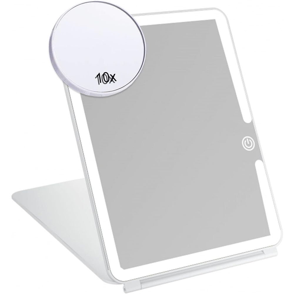 ATEK White Rechargeable LED Touch Control Travel Makeup Mirror with 10x Magnifying Insert Image 1