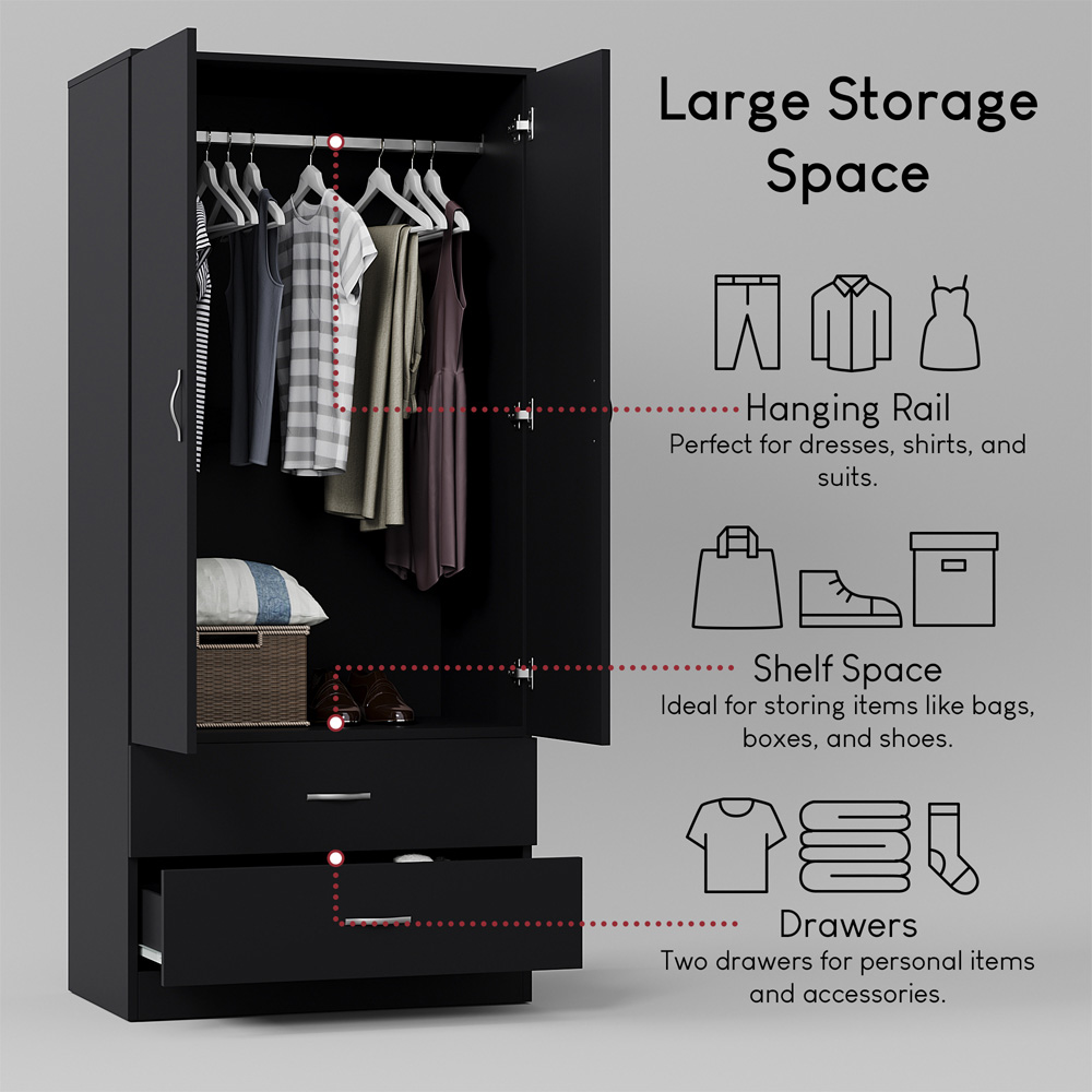 VIDA DESIGNS Riano 2 Door 2 Drawer Black Wardrobe Image 6