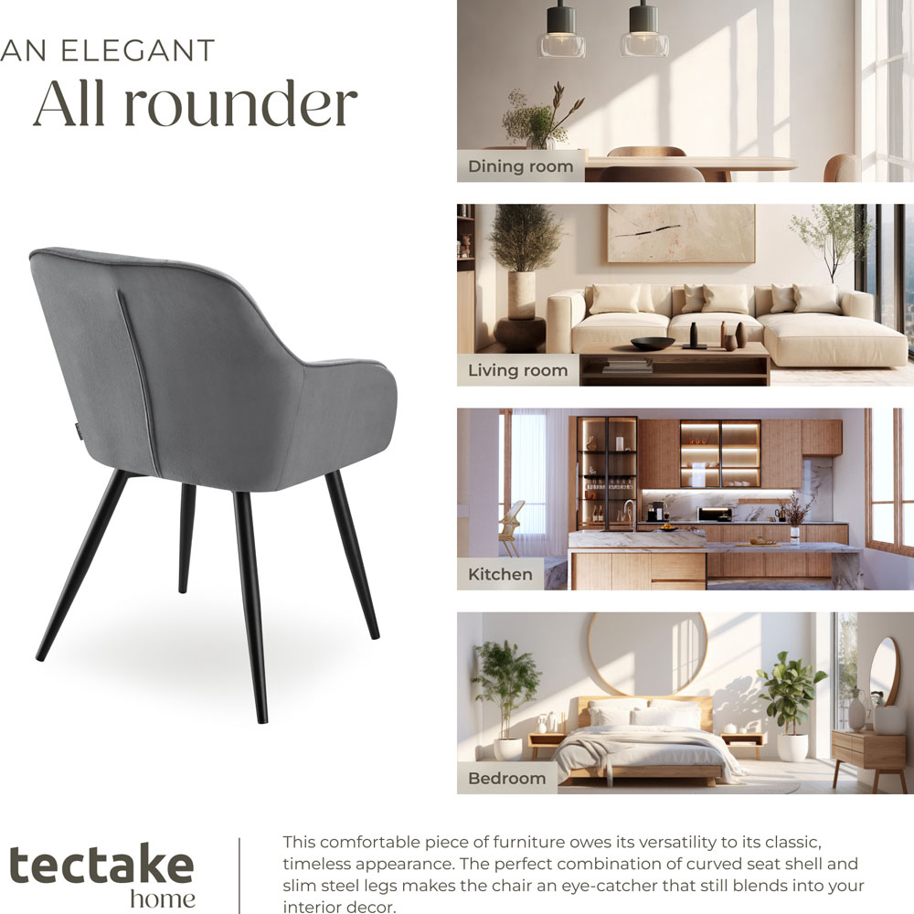 tectake Marilyn Grey and Black Quilted Velvet Dining Chair Image 7