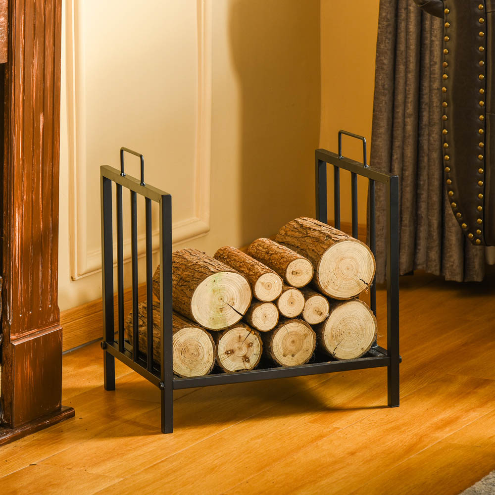 Outsunny Black Firewood Log Holder Wood Storage Rack with Handles Image 2