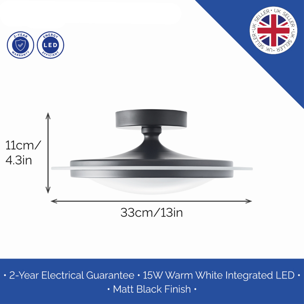 Happy Homewares Matt Black Semi Flush LED Powered Ceiling Light Image 7