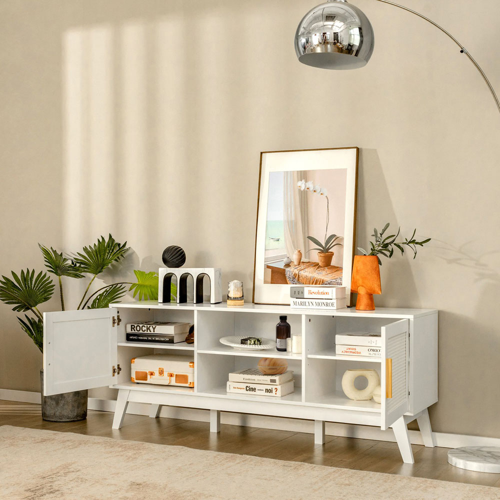 Costway 2 Door White Rattan TV Unit Image 3
