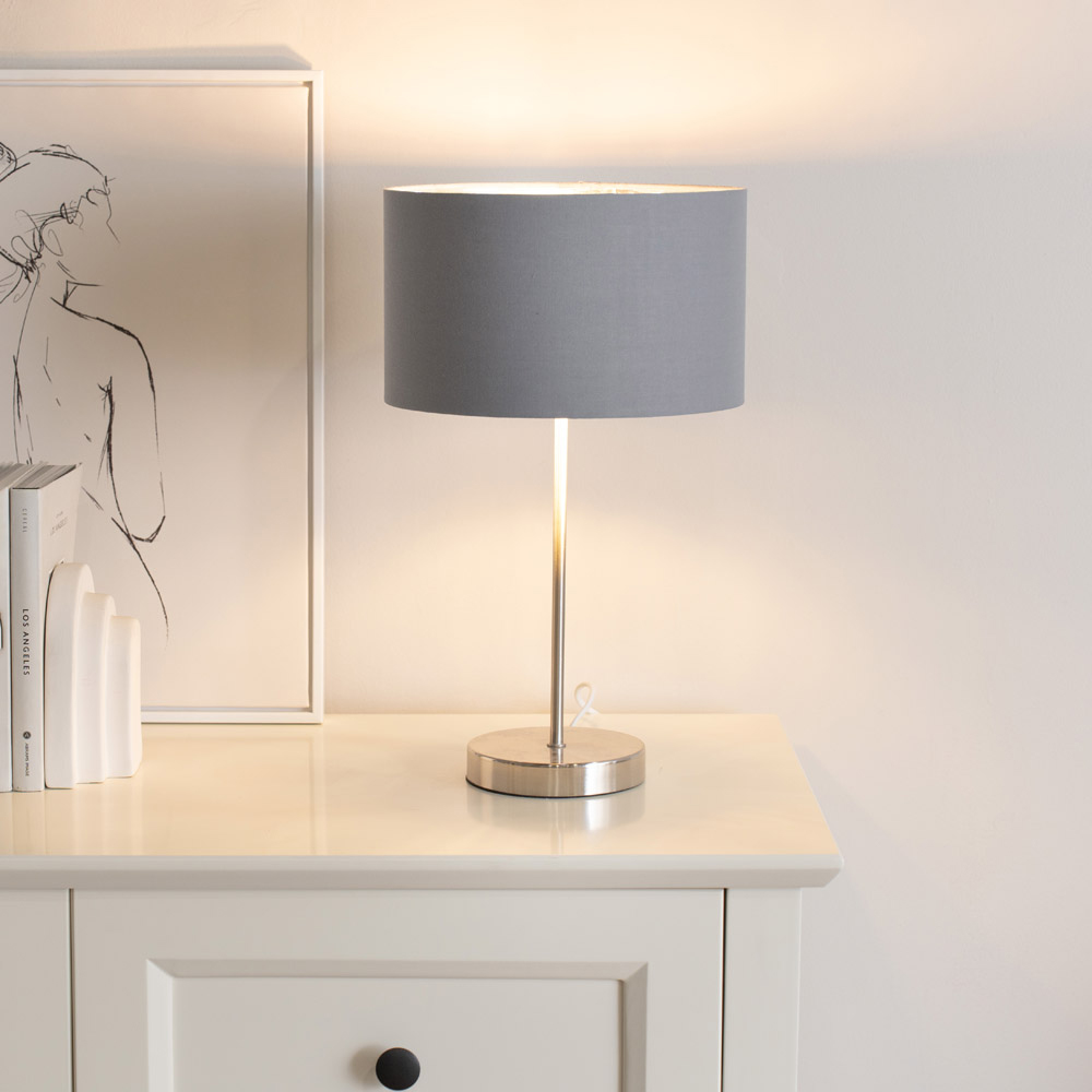 ValueLights Charlie Chrome Stem LED Table Lamp with Grey and Chrome Lamp Shade Image 3