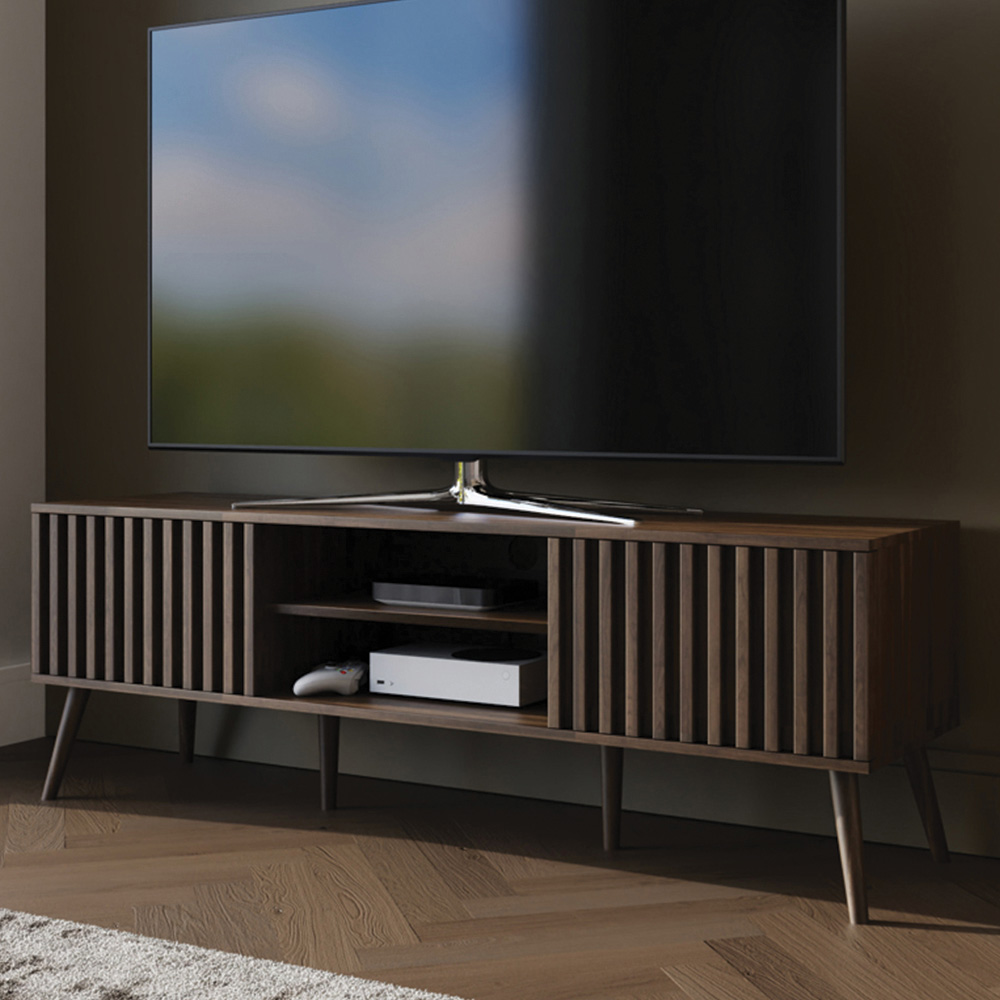 GFW Rowan 2 Door 2 Shelf Walnut Slatted TV Unit Image 2