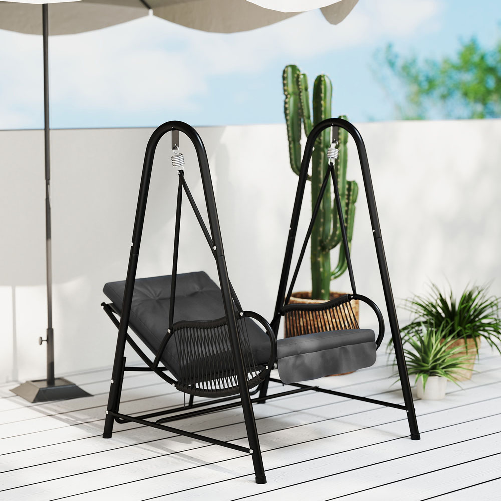 Outsunny Black and Dark Grey Rattan Swing Chair with Stand and Cushion Image 5