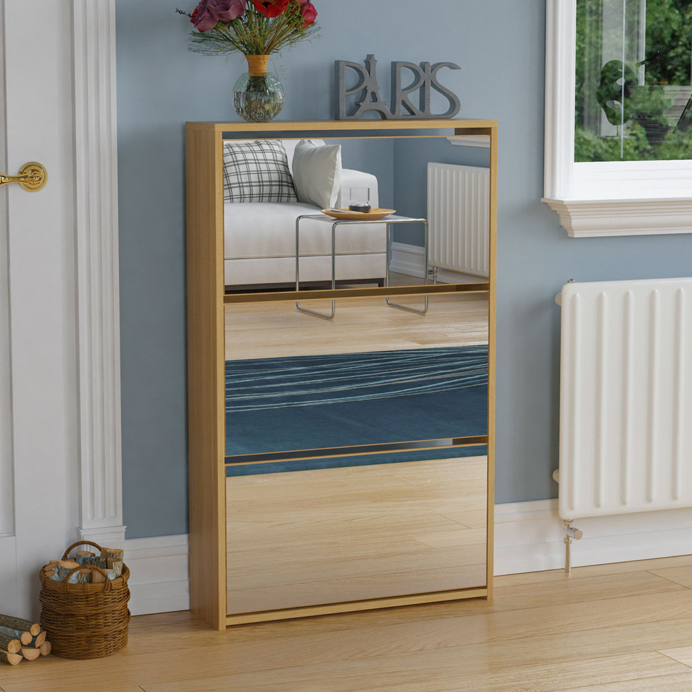 Home Vida Welham Oak 3-Drawer Mirrored Shoe Cabinet Rack Image 3