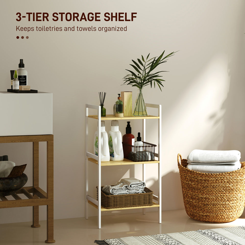 HOMCOM 3 Shelf White Adjustable Bamboo Bathroom Storage Shelf Image 4