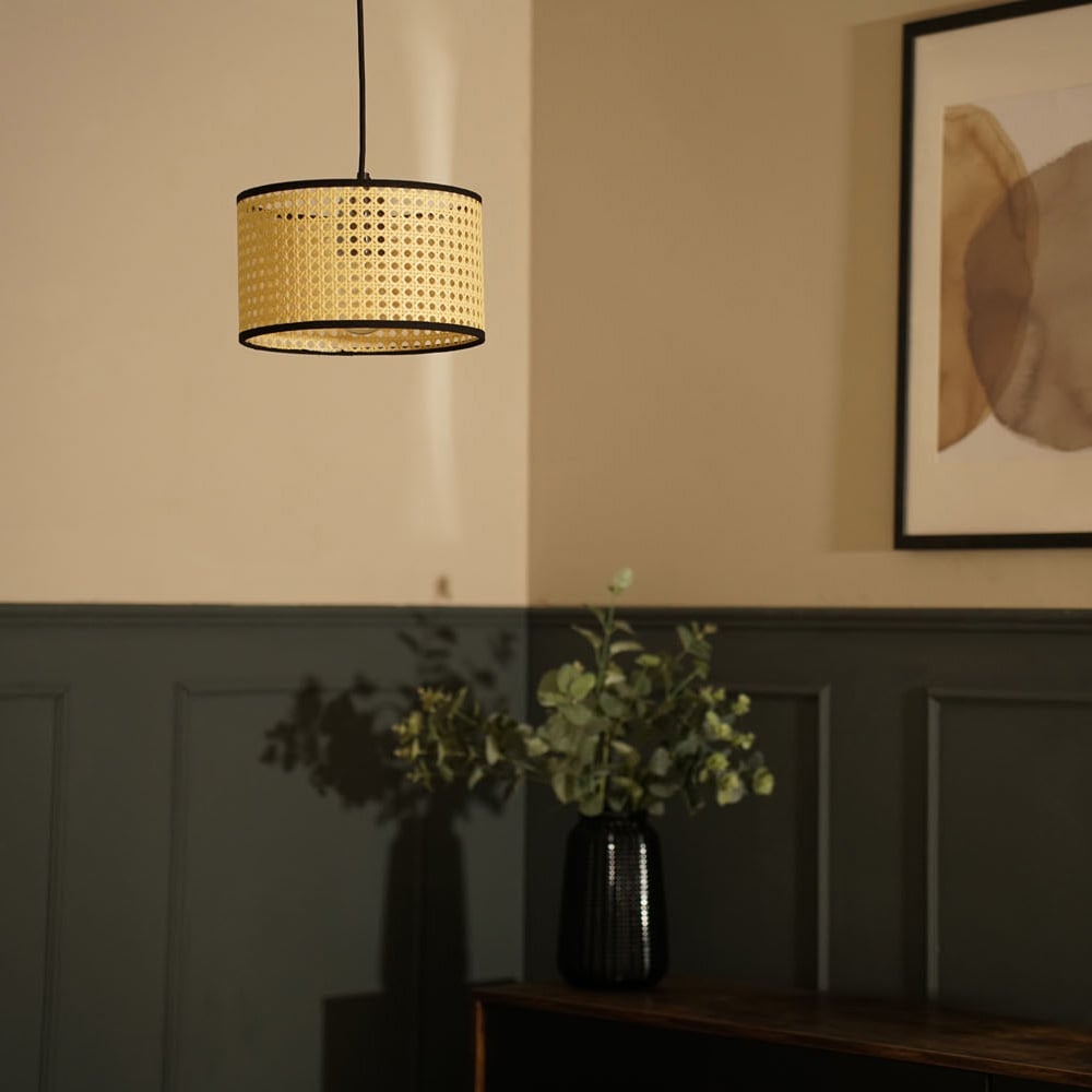 ValueLights Reni Natural Cane Black Trim Drum Ceiling Lamp Shade 25cm Image 2