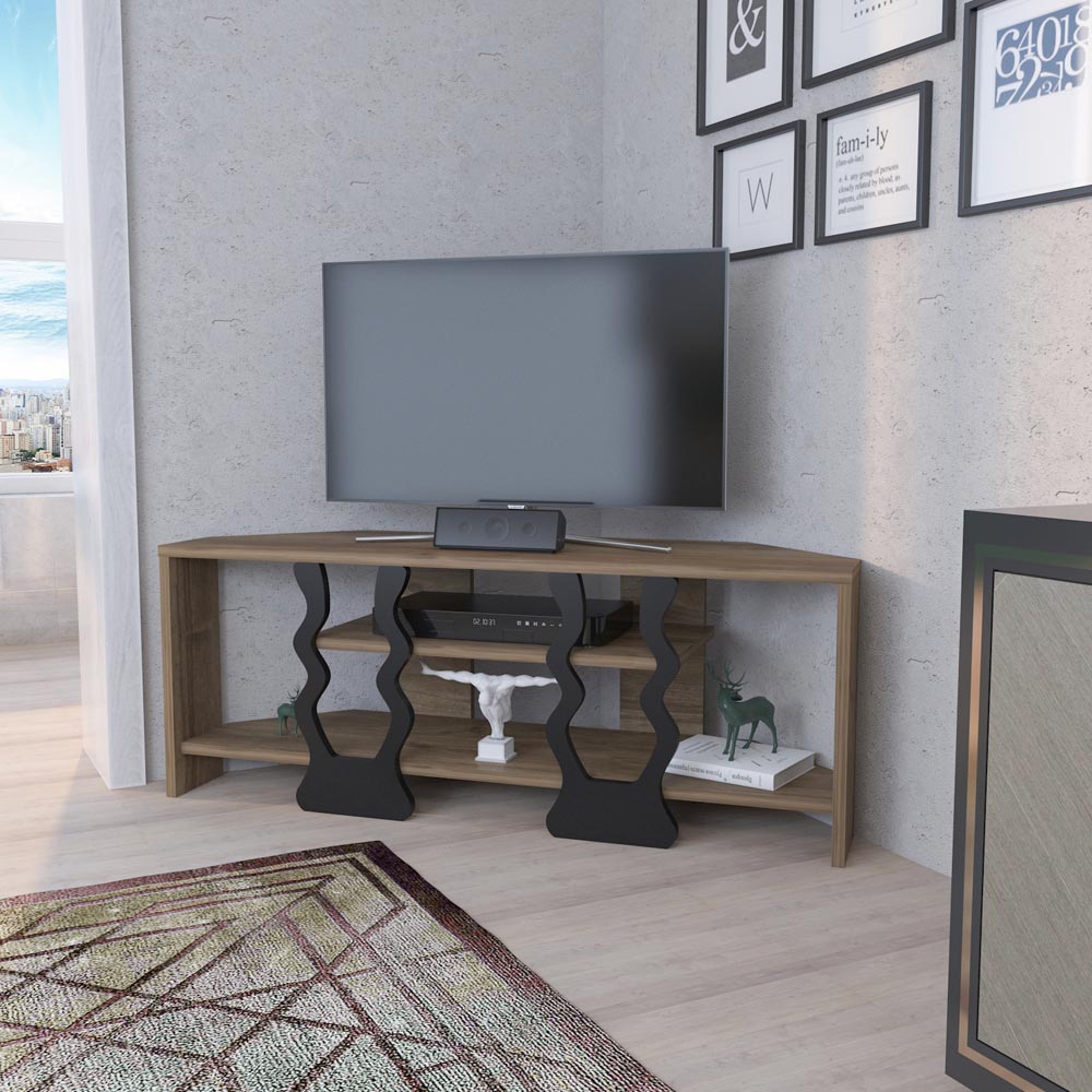 Decorotika Firal 2 Shelf Walnut and Black Corner TV Unit Image 3