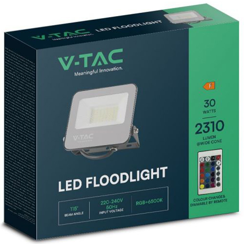 V-TAC 30W Grey Frosted Glass RGB LED Floodlight with Remote Control Image 3