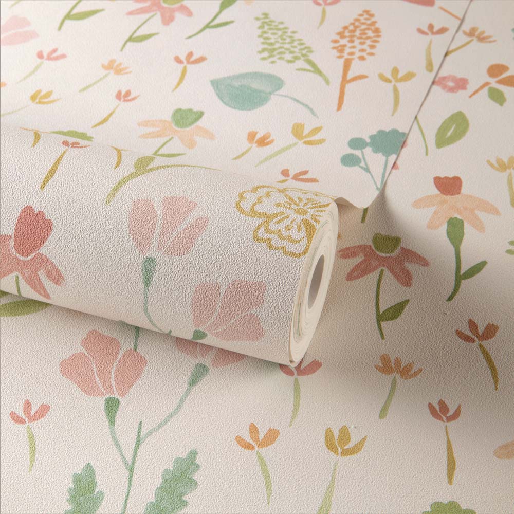 Grandeco Naive Ditsy Garden Flowers Neutral Pink Textured Wallpaper Image 2