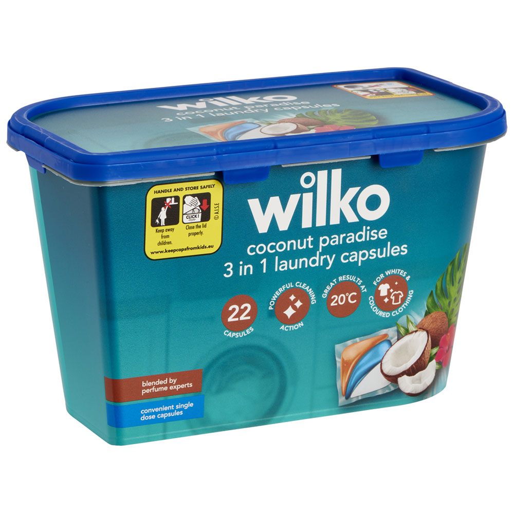 Wilko Biological Coconut Paradise 3 in 1 Laundry Capsules 22 Washes Image 1