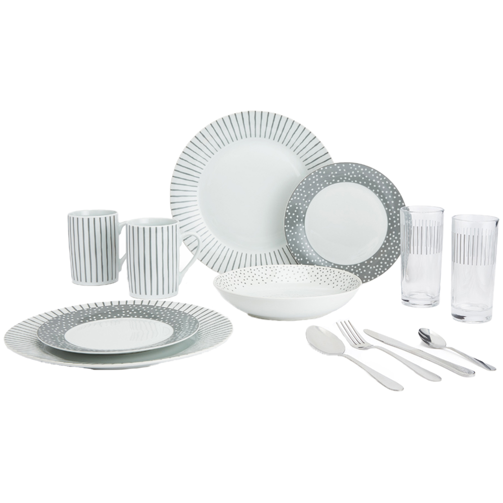 Waterside Billy Starter White and Grey Spots with Stripes 36 Piece Dinner Set Image 1
